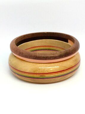 VINTAGE WOOD BANGLE Set Mixed Material Acrylic Segmented Stack Bracelets Boho